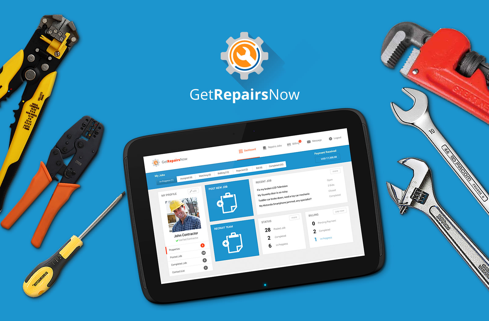 getrepairsnowdashboard design on tablet