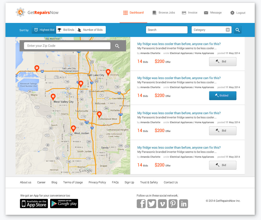 getrepairsnow map location and bidding screen