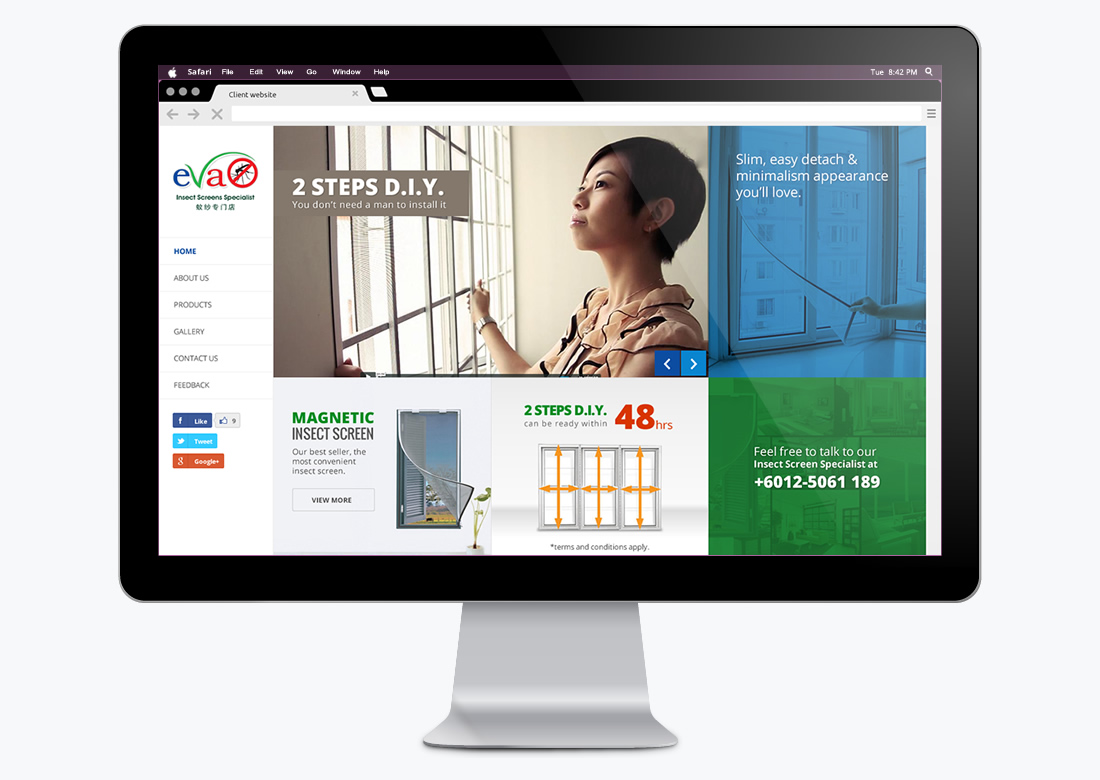 website design for Evascreen on desktop